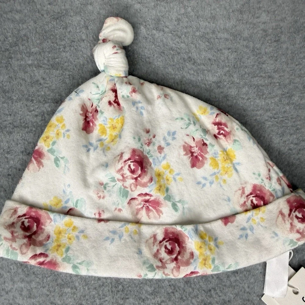 New Janie And Jack White Pink‎ Floral Top Knot Baby Hat 18-24 Months